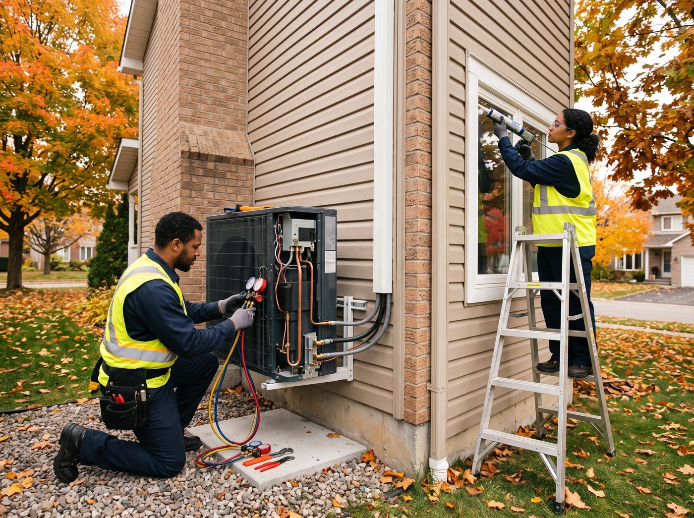 CARE technician installing an air source heat pump outside a home while a colleague seals a window