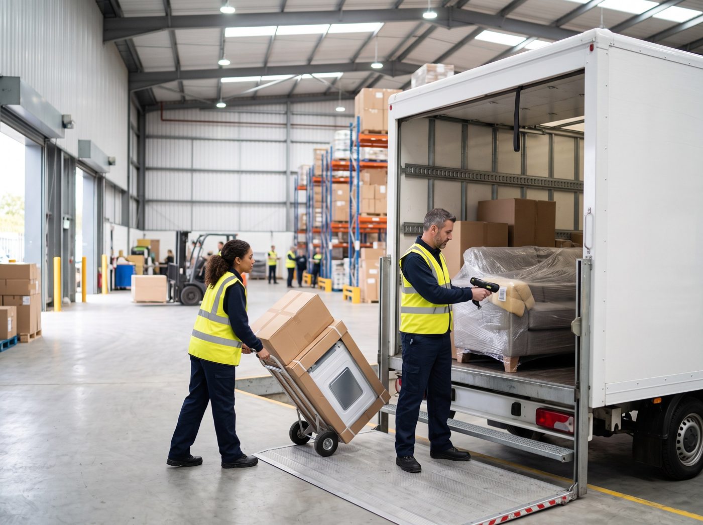 CARE warehouse team scanning boxed appliances onto a delivery truck at the loading dock