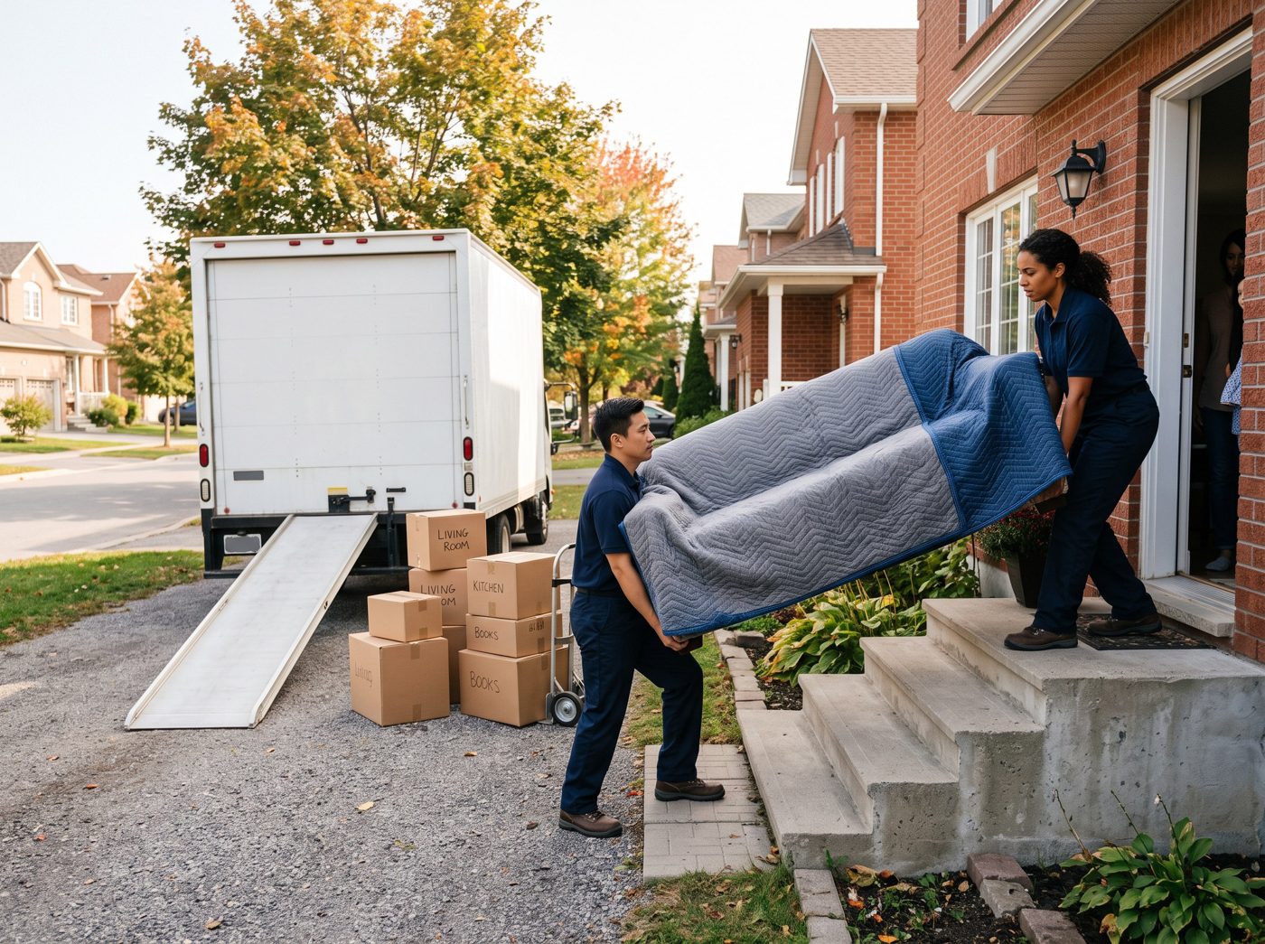CARE moving crew carrying a wrapped sofa past labelled boxes on move day